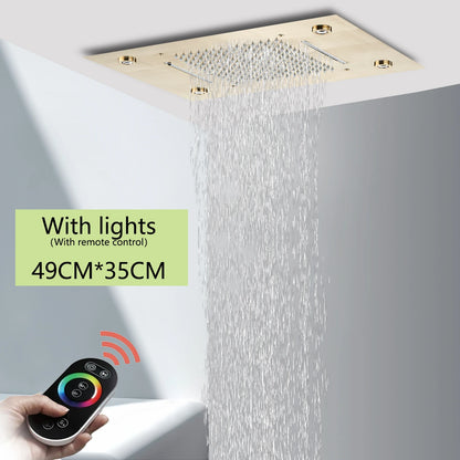 Brushed Ceiling Shower Head with LED Lights 36*50cm Large Rainfall Faucet Bathroom Tap Stainless Steel Smart Square Sprayer