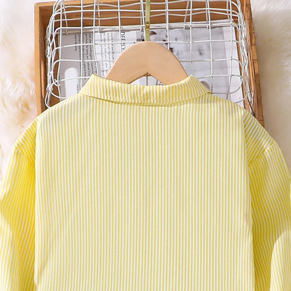 Spring Hot Sale Kids Outfit 4-12 Years Girls Striped Long Sleeve Chemise + Casual Loose Straight Leg Pants Shirt Suit 2Pcs Set.