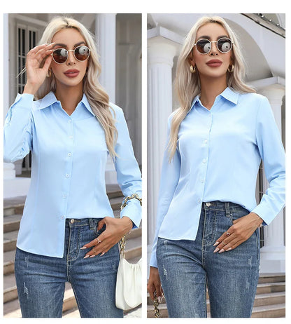 1pcs Woman Spring Autumn Solid color Shirts Lady Casual Long Sleeve Turn-down Collar Loose Shirt Female Fashion Temperament Tops