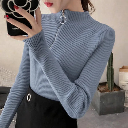 Spring Autumn Skinny Elastic Knitted Shirt Women Pullover Sweater Tops Female Long Sleeve Slim Mock Neck Knit Bottoming Shirts.