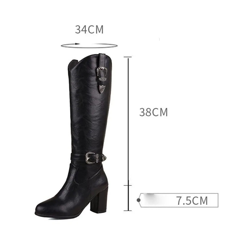 Girseaby British Style Women Knee High Boots Round Toe Block Heel 7.5cm Zipper Plus Size 51 52 Fashion Riding Bota.