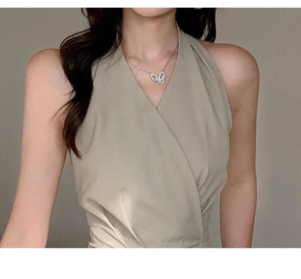 Women Clothes Elegant Sexy Halter Backless Folds Slim Wide Leg Loose Rompers Summer Solid Casual One Piece Long Jumpsuits.