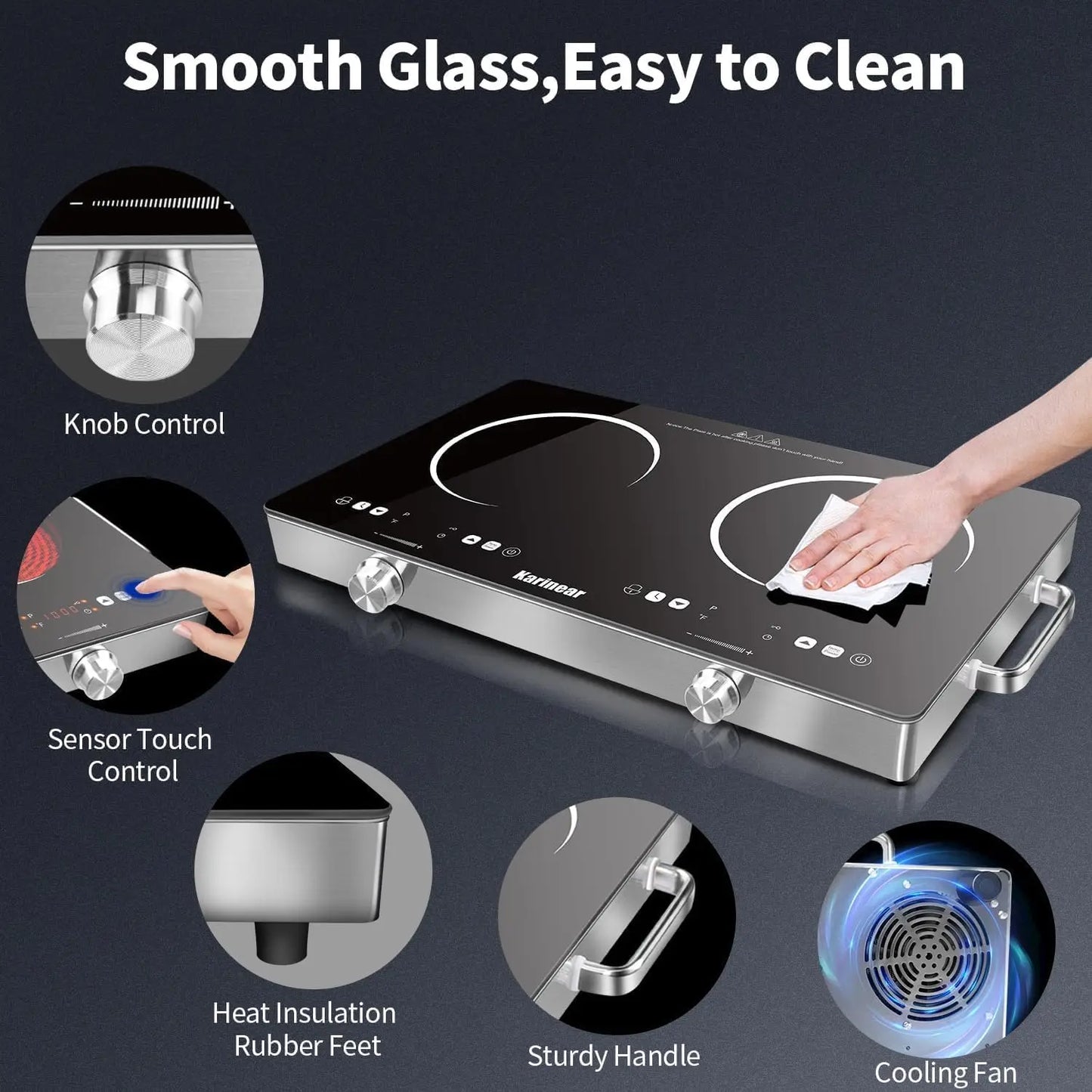 Karinear Ceramic Hob 2 Zones, 3200W Plug in Electric Hob with Safety Lock, Knobs&Touch Control, 56cm Coutertop Freestanding 240V.