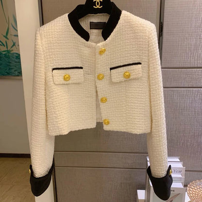 Mode Nähen Tweed Kurze Jacke Frauen Herbst Winter Elegante Büro Dame Mantel Y2K Koreanische O Neck Einreiher Crop Outwear