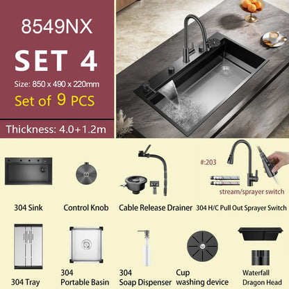 ASRAS large kitchen stainless steel nano sink with built-in waterfall faucet and large drainage outlet design