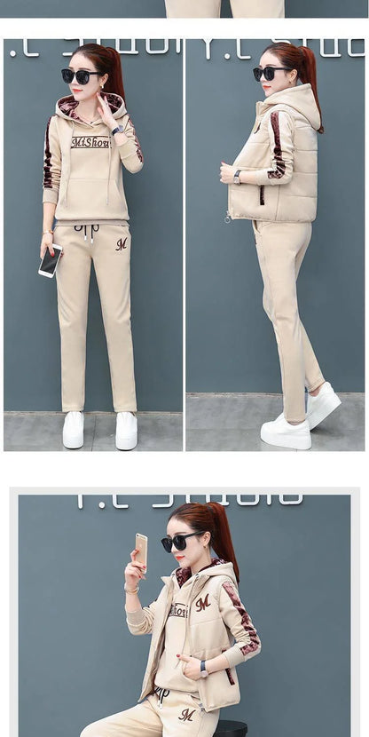 Women's Fashion Plush Thickened Sweat Suit 2025 Autumn Winter New Casual Hooded Tops Waistcoat Pants 3 Three Piece Set For Women.