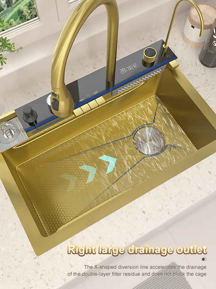 Goldenes Wasserfall-Küchenspüle, Edelstahlspüle, geprägte Digitalanzeige, Einzelschlitz-Waschbecken für die Wohnung, goldenes Waschbecken