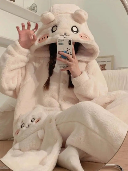 Kawaii Chiikawas Pajamas Coral Velvet Home Wear Long Length Nightgown Thick Cardigan Pant Cartoon Cute Girl Casual Home Clothing.