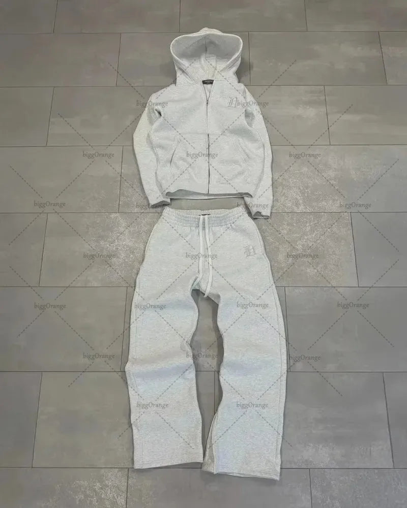 Europäischen und Amerikanischen Retro Männer Anzug Brief Gestickte Zipper Hoodie Frauen Modische Casual Lose Grau Gerade Hosen.