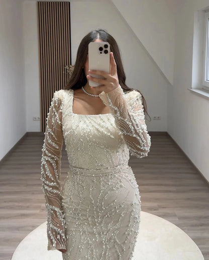 BABYONLINE Maßgeschneidertes Abendkleid All CoPearl Sleeve Full Crystals Etuikleid Abiye.