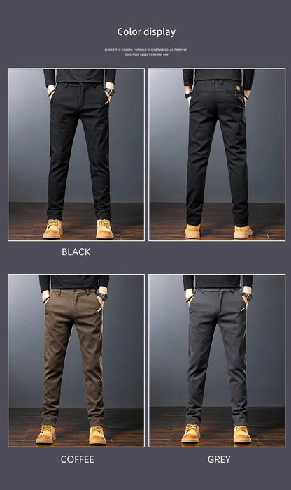 Men's Twill Slim Pants Business Straight Cotton Casual Trousers Brand Fashion Korean Elastic Coffee Black Gray Pant.