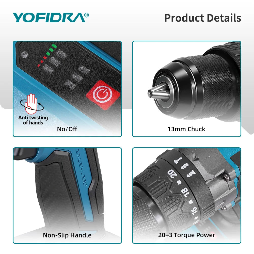 YOFIDRA 900N.M 13MM Bürstenlosen Elektrischen Schlagbohrmaschine 20 + 3 Drehmoment Handheld Bohren Schraubendreher Power Tool Für Makita Batterie pin