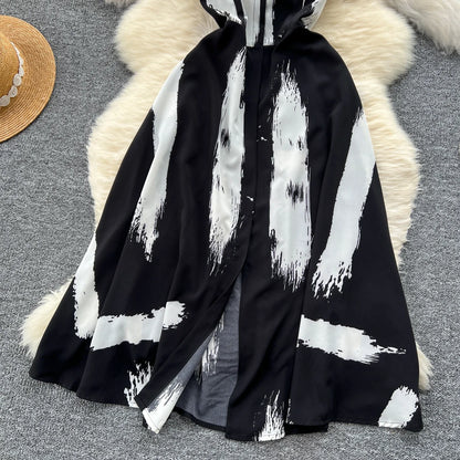 Neue Sommer Druck Süße Kleid Träger O Neck Backless Split Elegante Damen Urlaub Strand Party Midi Sommerkleid
