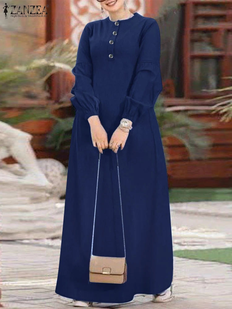 ZANZEA Muslim Women's Maxi Dress Islamic Hijab O Neck Half-Button Denim Blue Abaya Holiday Lantern Sleeve Loose Casual Vestidos.