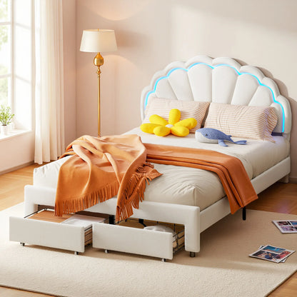 Rosahqnda gepolsterter Bettrahmen mit blumenförmigem Kopfteil, Bettrahmen, Einzelbett, Blütenblattbett, Jugendbett für Jungen und Mädchen