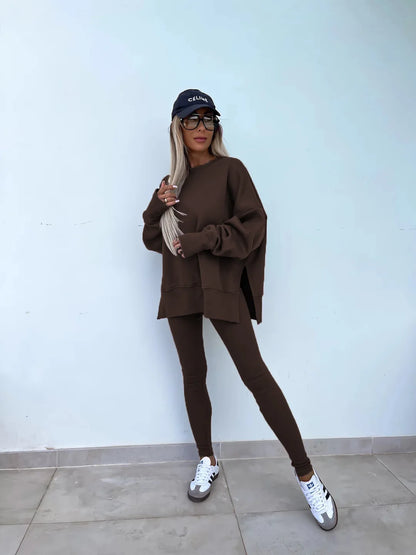 Women Pant Sets Two Pieces Tracksuit Solid Loose Sweatshirts Split Pullover Pencil Pants High Street Autumn Winter 2024