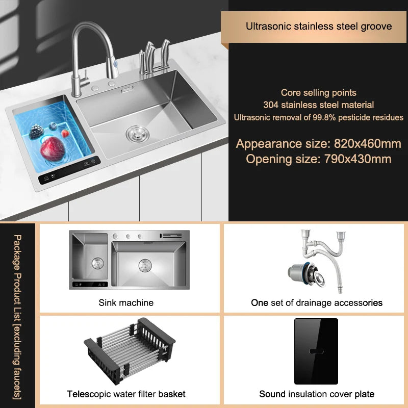 Kitchen Sink Stainless Steel Dishwashing Sink Ultrasonic Sink Dishwasher Multifunctional Intelligent Net Washer For Kitchen