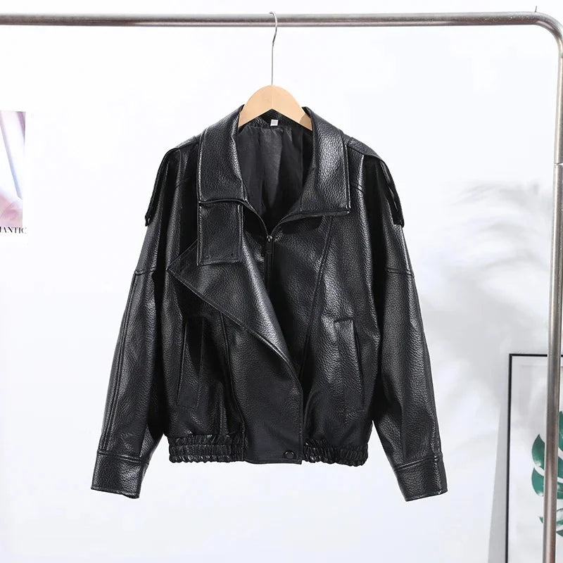 Street PU Leather Loose Jacket Women Fashion Solid Full Sleeve Stand Collar Single Breasted Coats Female 2025 Autumn Lady Coat.