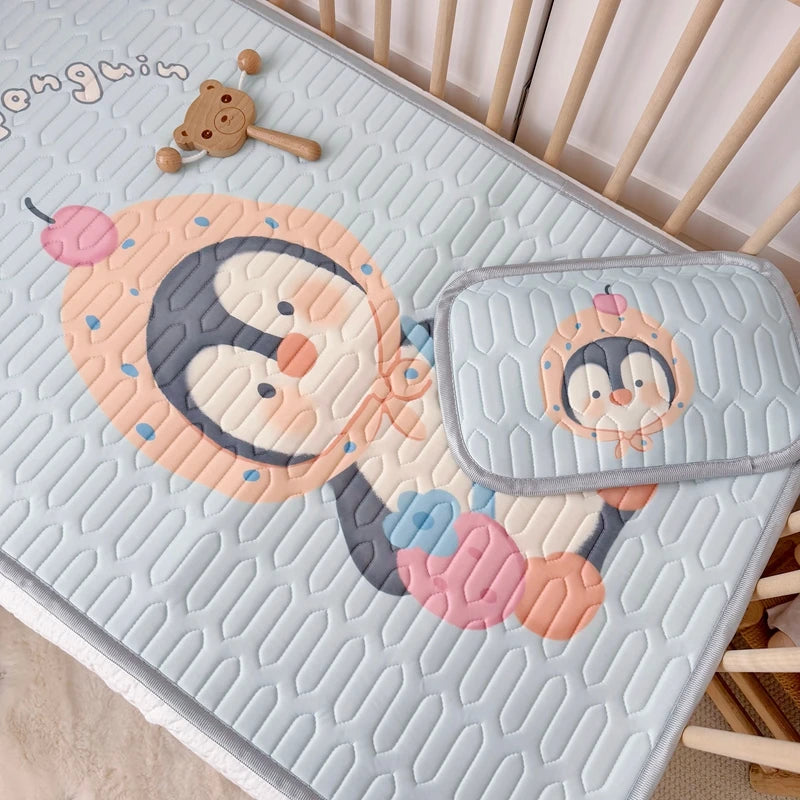 2pcs Cooling Viscose Fiber Latex Mat Set,Summer Bed Sheet Pad with Pillow,Cartoon Penguin Foldable Boy Girl Baby 60*120cm Sheet.