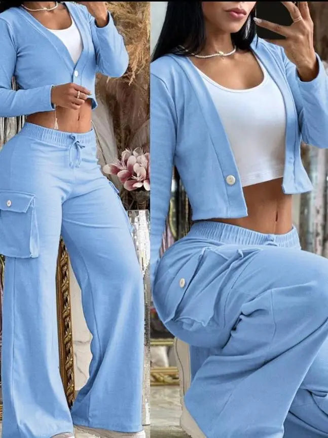 Women's Casual Two Piece Sets Spring Autumn Fashion Cardigan Long Sleeve Short Top Big Pocket Cargo Pants Sets 2024 Outifits.