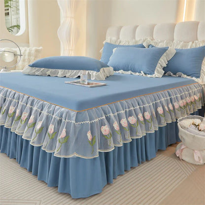 Floral Style Bed Skirt Embroidered Bed Cover Single/Queen/King Size Bed Linen Home Sheet with Skirt 침대스커트(Pillowcase Need Order)
