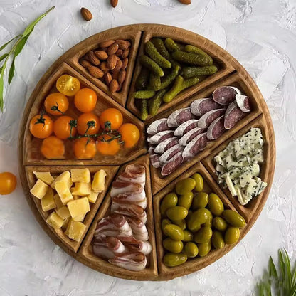 1PC Divided Wood Serving Tray Dessert Platter Fruit Appetizer Serving Plate Serving Platter Round For Candy Nuts Appetizers.