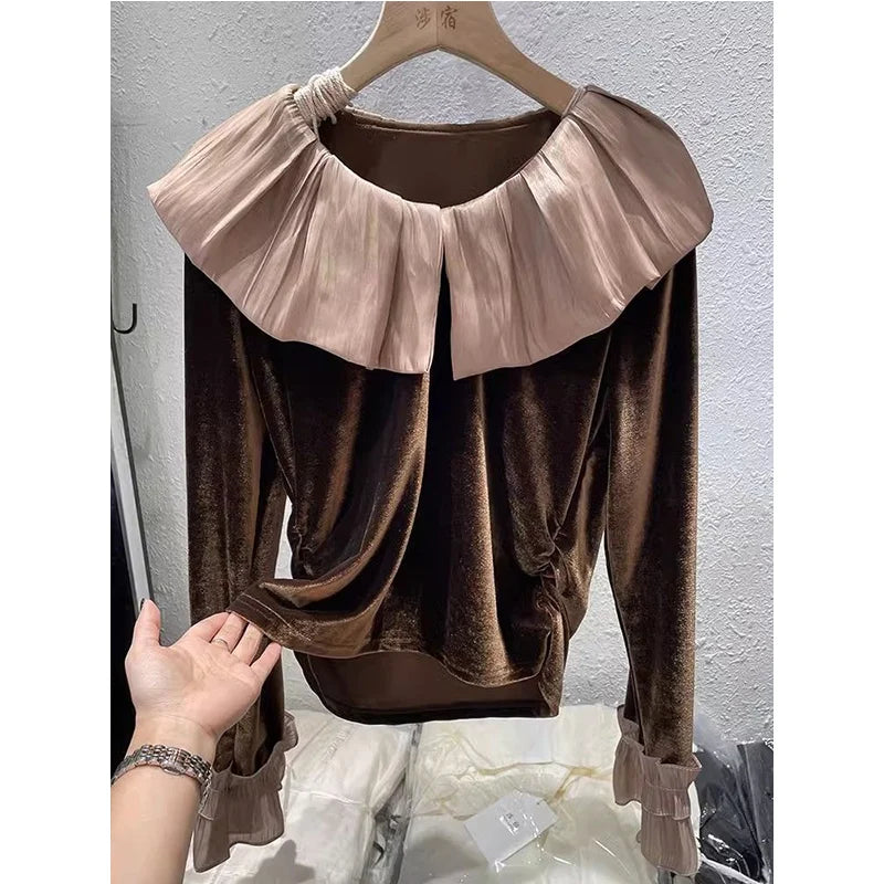 Autumn Korean Patchwork Solid Color Peter Pan Collar T-Shirts Female Temperament Ruffles T-Shirts Women Clothing All-match Tops.