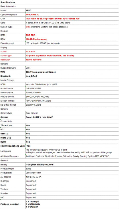 Hot Sales 64 Bit 10.1 INCH X5-Z8350 CPU AR10 Windows 10 Tablet 8GB DDR RAM 128GB ROM 1920 x 1200 IPS  Screen WIFI HDMI-Compatibe.
