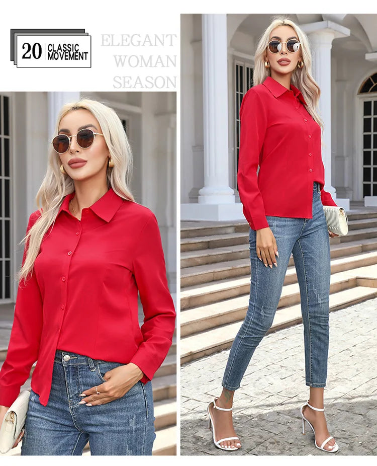 1pcs Woman Spring Autumn Solid color Shirts Lady Casual Long Sleeve Turn-down Collar Loose Shirt Female Fashion Temperament Tops.