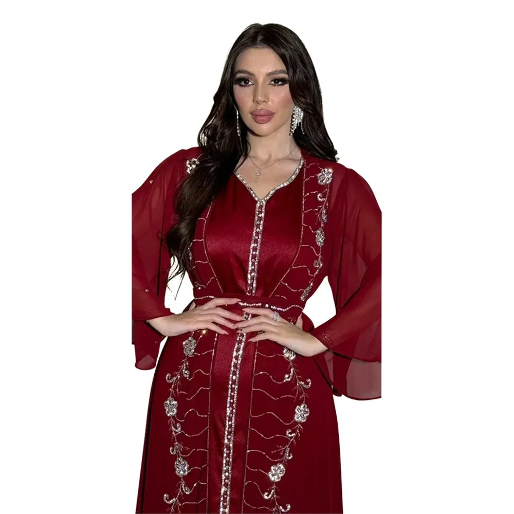 Muslim Set Dress Women Four-season Commute Muslim Set Fashion Party Dubai Turkey Long Sleeve Chiffon Cardigan Dress and Vest 2ps.