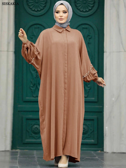 Siskakia Solid Muslim Woman Elegant Beaded Cardigan Long Dress With Loose Batwing Sleeve Moroccan Dubai Saudi Kebaya Robe  2024.