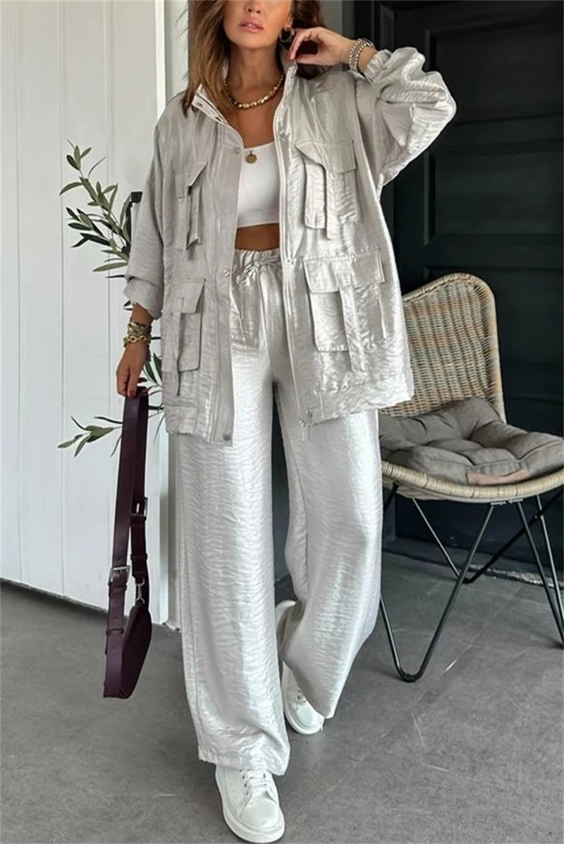 Streetwear 2 Piece Sets Women Outfit Spring Clothes Women 2025 Solid Pocket Jacket Top and Pant Sets Safari Style Tracksuits Set