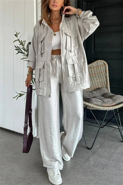 Streetwear 2 Piece Sets Women Outfit Spring Clothes Women 2025 Solid Pocket Jacket Top and Pant Sets Safari Style Tracksuits Set