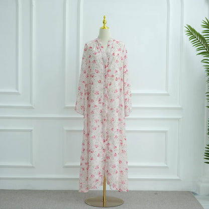 Muslim Abaya Set Luxury EID Islamic Kimono Muslim Women Dress Floral Printed Chiffon Modest Gorgeous Dubai Abaya Dress Suit.