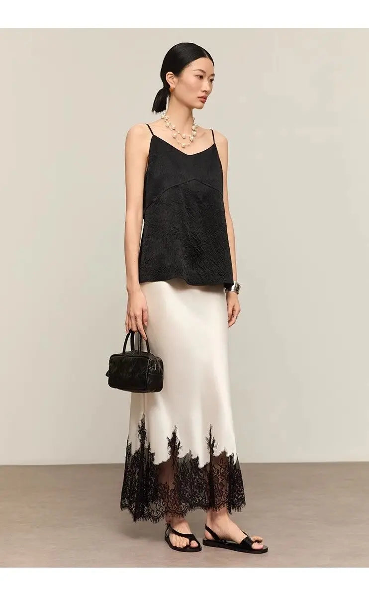 Mia Girl Elegant Satin Long Skirts for Women Oversize Lace Patchwork High Waist A-line Skirt French Style Summer Chic Lady Skirt.