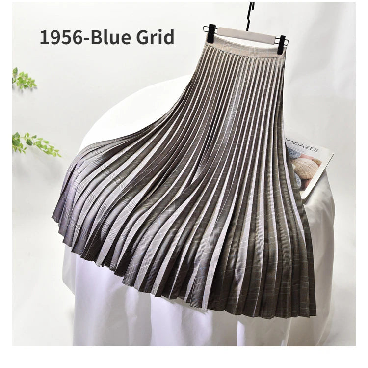 Looks Thin Pleated Skirt 2025 New High Waist A-line Skirt Mid-length Big Size Plaid Skirt Long Pleated Skirt Length 75-90cm