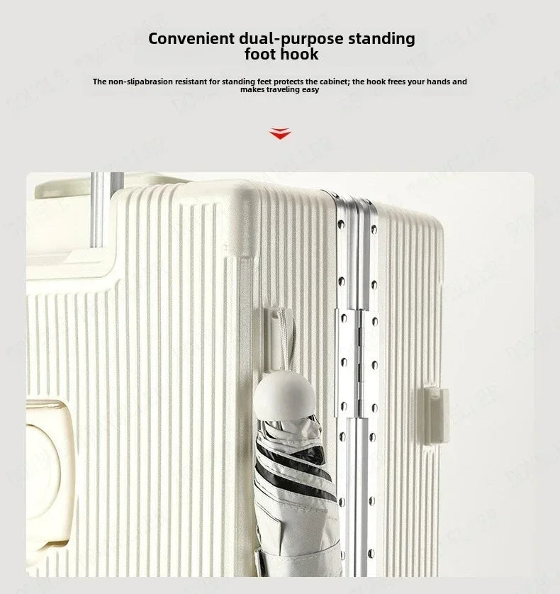 Vorne öffnender Rollgepäckkoffer mit großer Kapazität, Aluminiumrahmen, ABS + PC-Trolley, Koffer, USB-Lade-Boarding-Koffer
