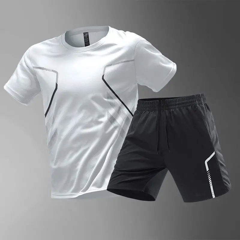 Summer Men Sets New Quick Dry Breathable Gym Clothing Training Short Sleeve Tops Shorts Suit Outdoor Daily Leisure Two-Piece Set.