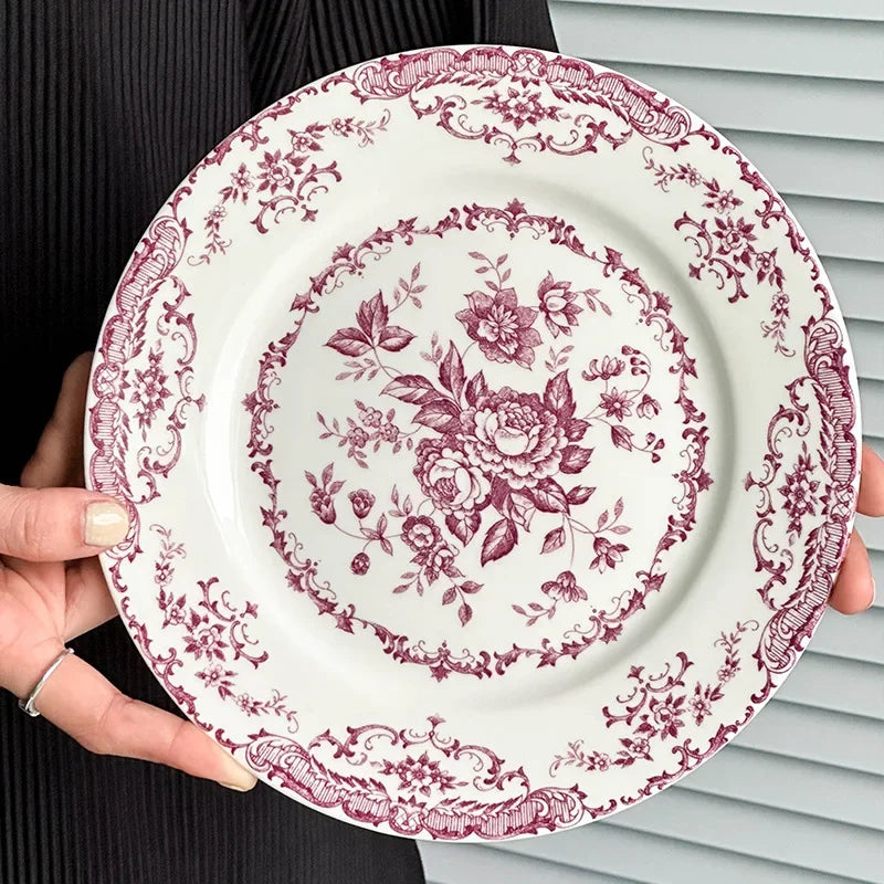 8/10Inch French Vintage Rose Ceramic Plate European Style Dinner Dishe Plates Salad Dessert Dinner Dish Household Art Tableware