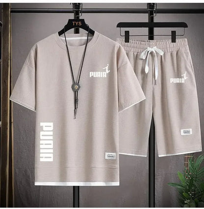 Summer 2025 Men's breathable fitness set, round-neck sports short-sleeved T-shirt + casual running shorts, 2-piece set, M-3XL