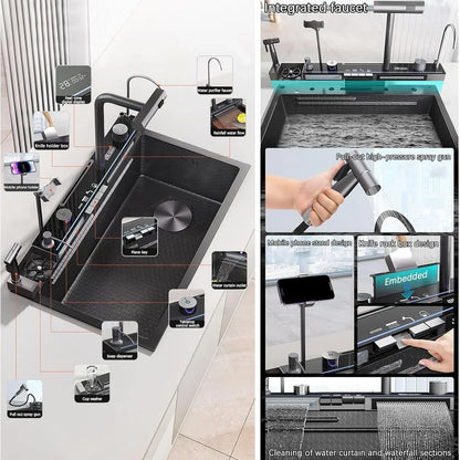 Großes Einzelschlitz-Wasserfallspülbecken aus Edelstahl 304, Digitalanzeige, geprägtes Waschbecken, Haushaltswaschbecken