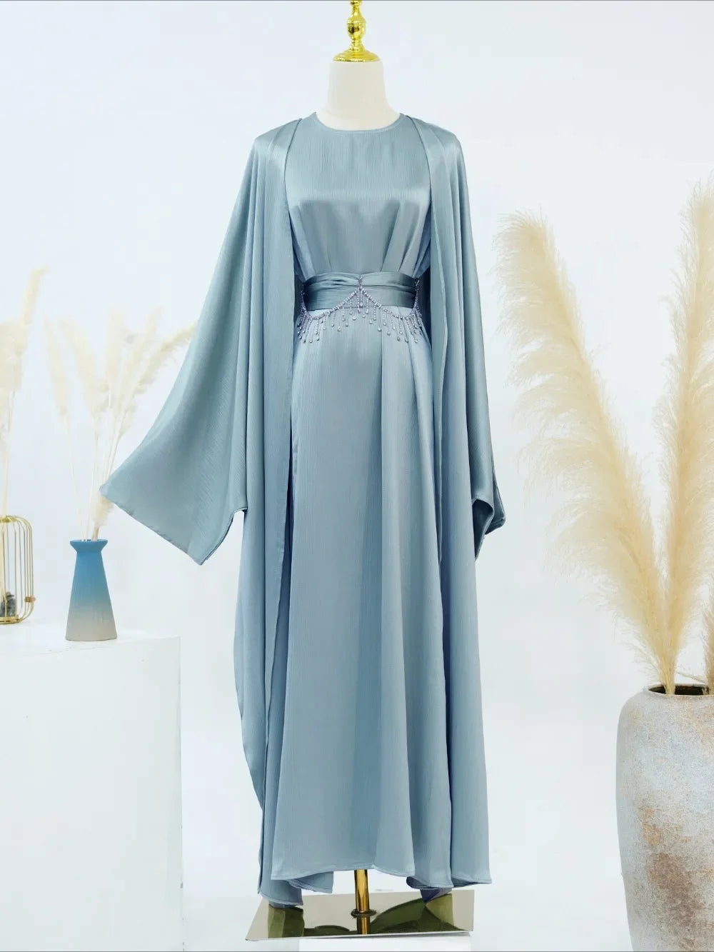 Ramadan Muslim Women 2 Piece Set with Chain Party Dresses Abaya Eid Jalabiya Sashes Diamond Morocco Dubai Kaftan Cardigan Robe