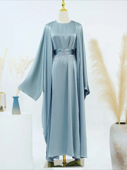 Ramadan Muslim Women 2 Piece Set with Chain Party Dresses Abaya Eid Jalabiya Sashes Diamond Morocco Dubai Kaftan Cardigan Robe