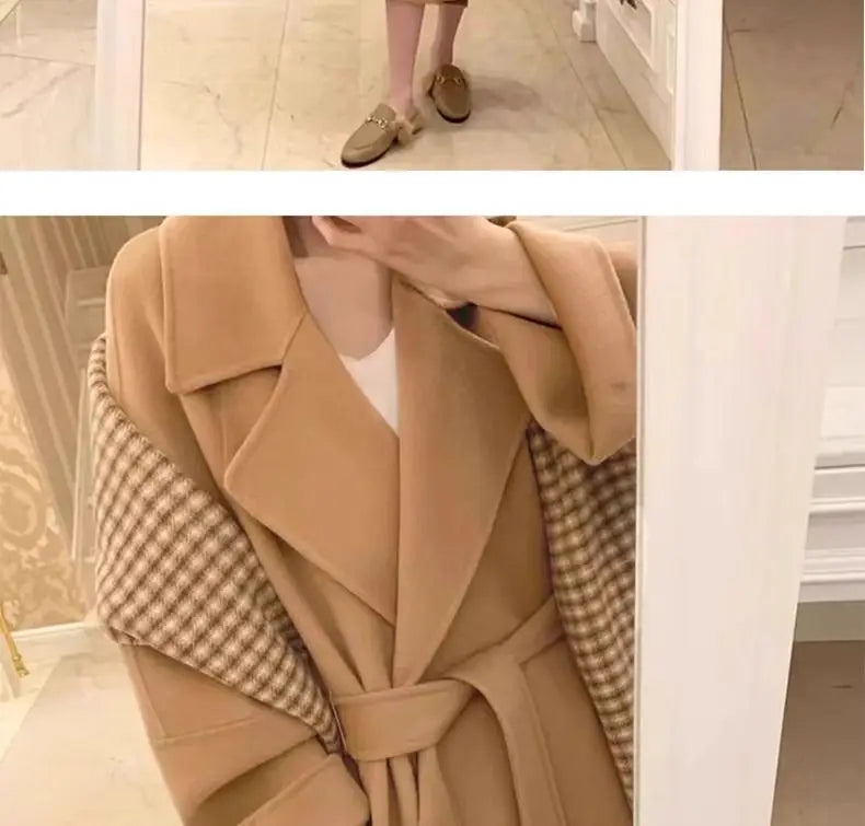 Mode Schwarz Lange Woolen Mantel Mit Gürtel Frauen Lose Revers Mantel Herbst Winter Warme Dame Oberbekleidung High Street.