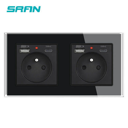 SRAN Französische USB-Wandsteckdose 5 V 2,1 A, Kristall-Hartglasscheibe 16 A 220 V 82 x 82 mm Steckdose Frankreich-Standard mit Abdeckung