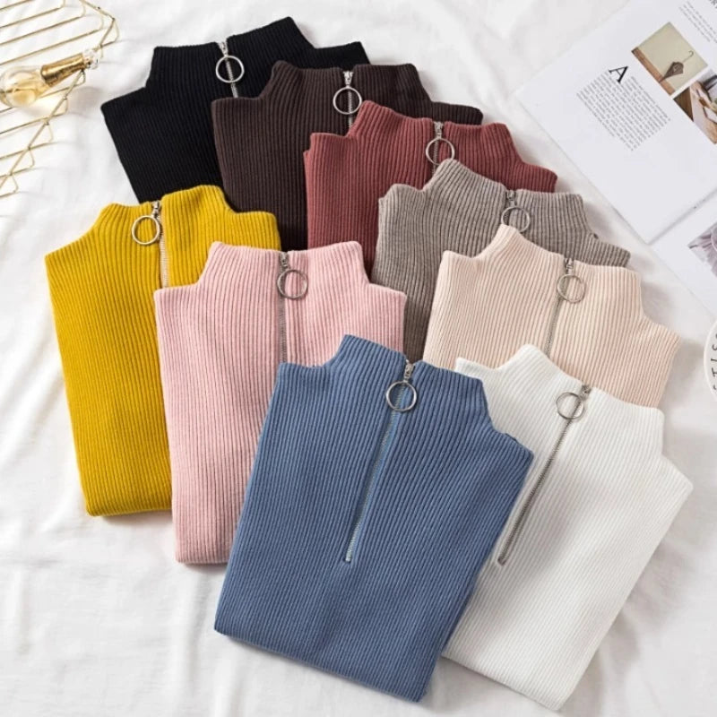 Spring Autumn Skinny Elastic Knitted Shirt Women Pullover Sweater Tops Female Long Sleeve Slim Mock Neck Knit Bottoming Shirts.