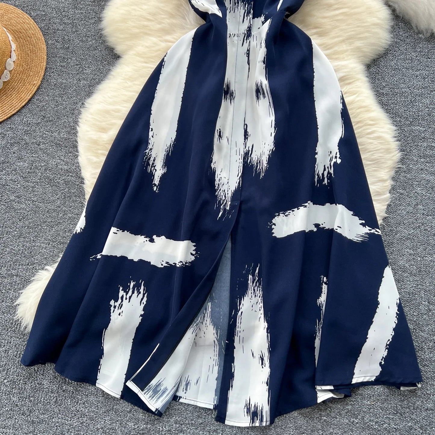 Neue Sommer Druck Süße Kleid Träger O Neck Backless Split Elegante Damen Urlaub Strand Party Midi Sommerkleid