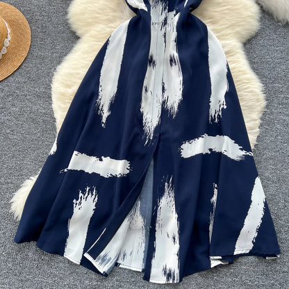 Neue Sommer Druck Süße Kleid Träger O Neck Backless Split Elegante Damen Urlaub Strand Party Midi Sommerkleid