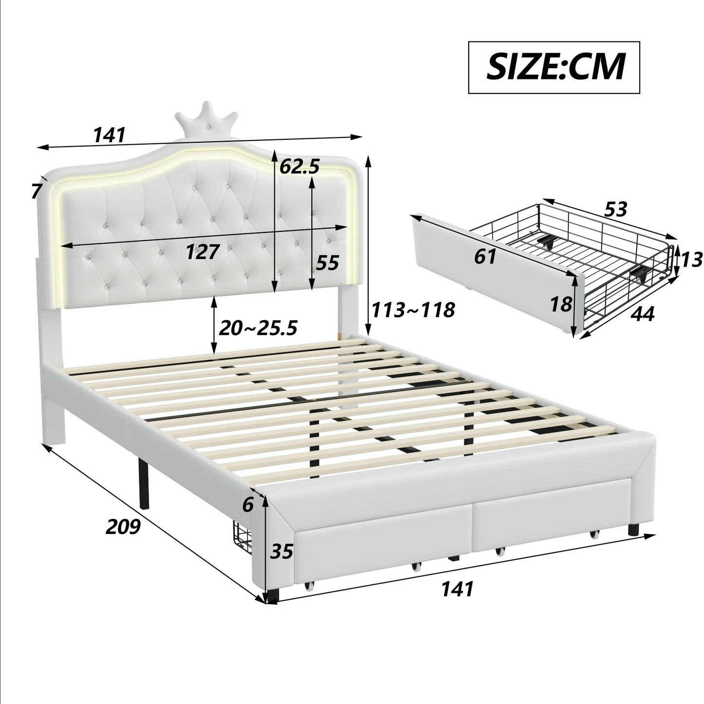 Rosahqnda Kinderbett, gepolsterter Bettrahmen, Krone, Kopfteil, Schubladenschrank, verstellbare Kopfteil-Lederoberfläche