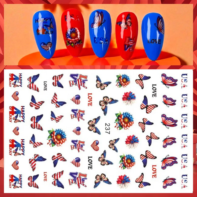 8Pcs/Set 3D USA Independence Day Nail Stickers America Flags Design Self-Adhesive Nail Art Decals DIY Manicure Decor Sliders &#.